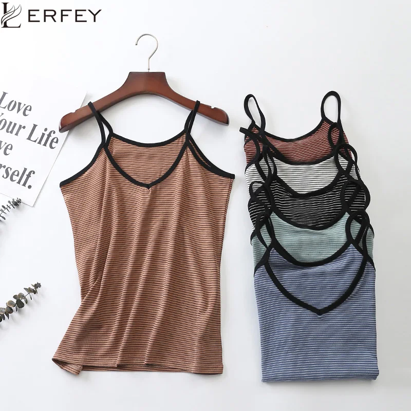 

LERFEY Women Summer Sexy Elastic Casual Tanks V-Neck Sleeveless Spaghetti Strap Camis Cotton Striped Tops Tees Roupas Femininas