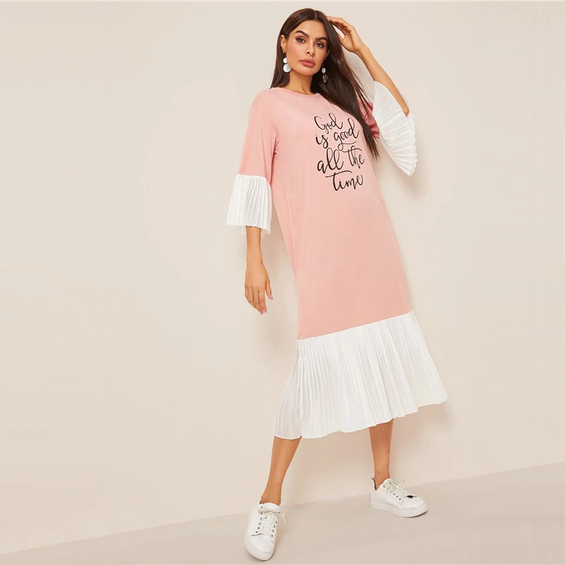 SHEIN летнее платье-хиджаб со слоганом и плиссировкой, женское повседневное свободное платье миди с рукавами-воланами, розовое длинное платье с коротким рукавом