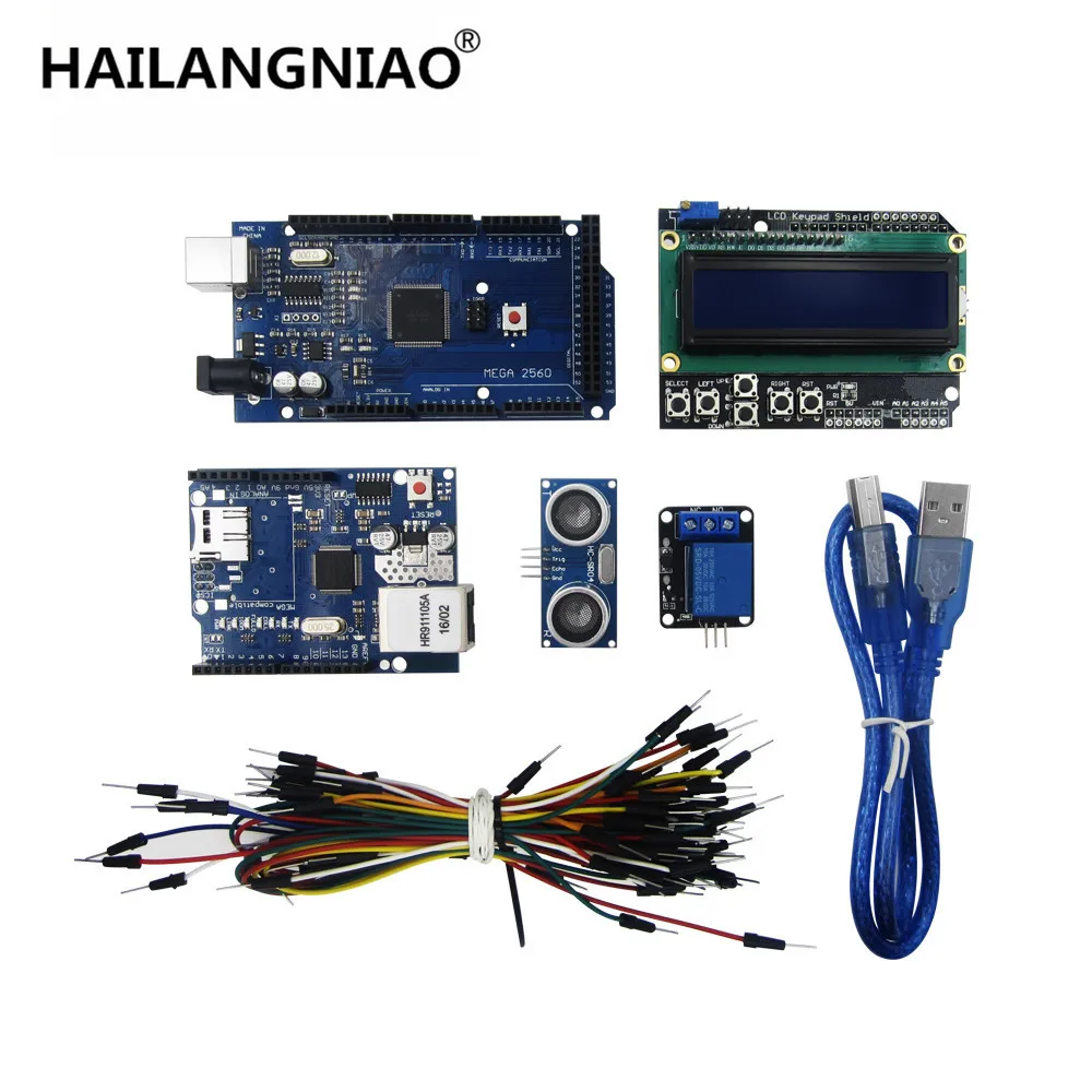 Новый МЕГА 2560 r3 fo комплект + HC-SR04 макетный кабель релейный модуль W5100 UNO щит