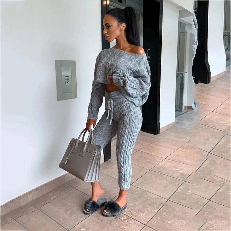 

2 piece set women knitted sweater and pants suits Fashion off shoulder tops pullover tracksuits Two piece set outfits