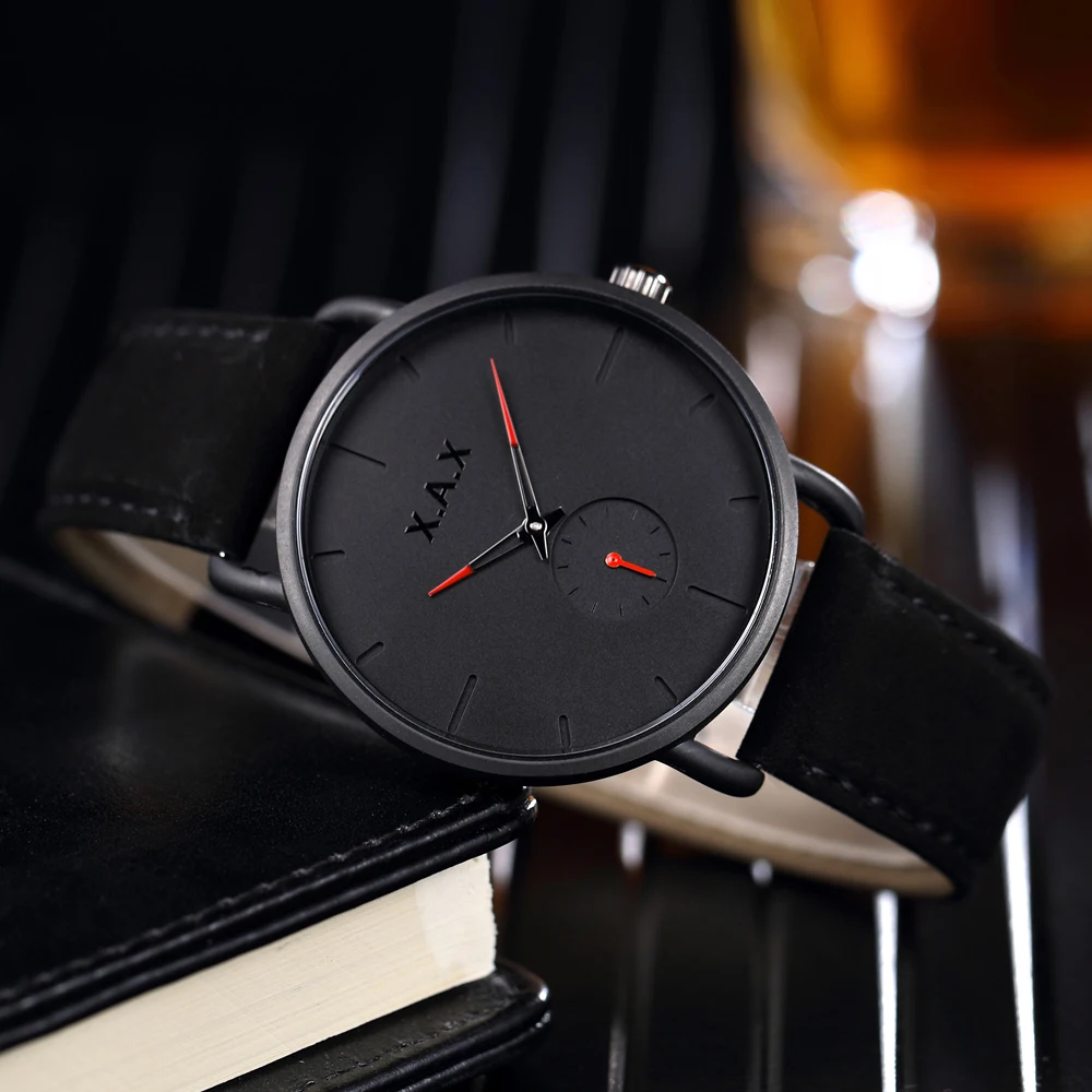 

Vintage Leather Watch Black Dial Face Red Needles Small Dials Working Mate Black Case