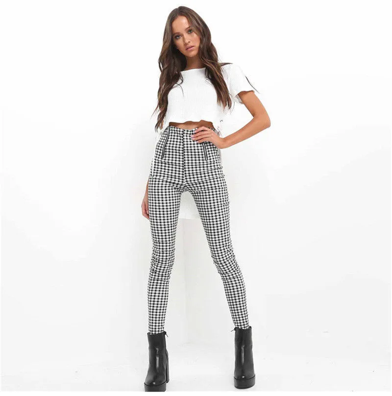 

Women Leggings New Skinny High Waist Sexy Jeans Trousers Denim Slim Stretchy Pencil Pants Zip-up Plaid Bodycon Pants Leggings