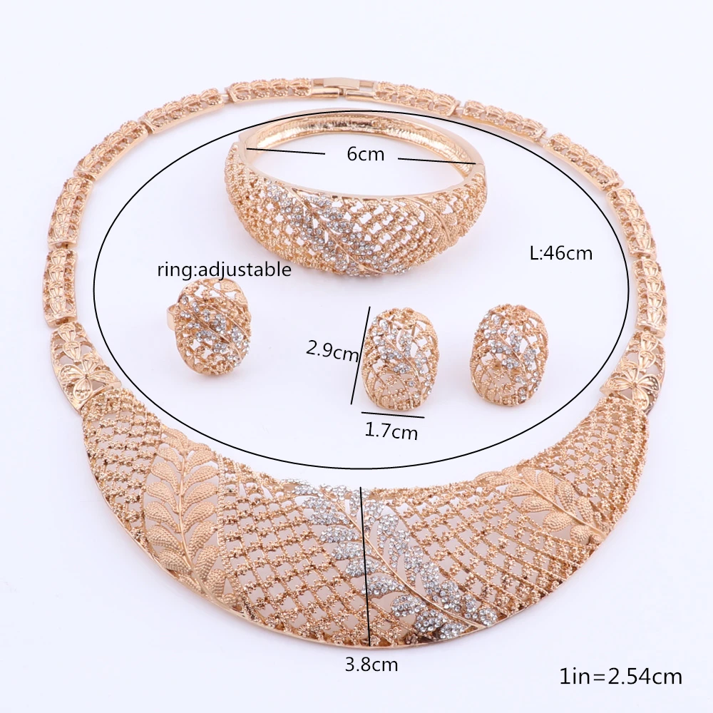 Модные наборы свадебных ювелирных изделий с листьями и кристаллами золотого
