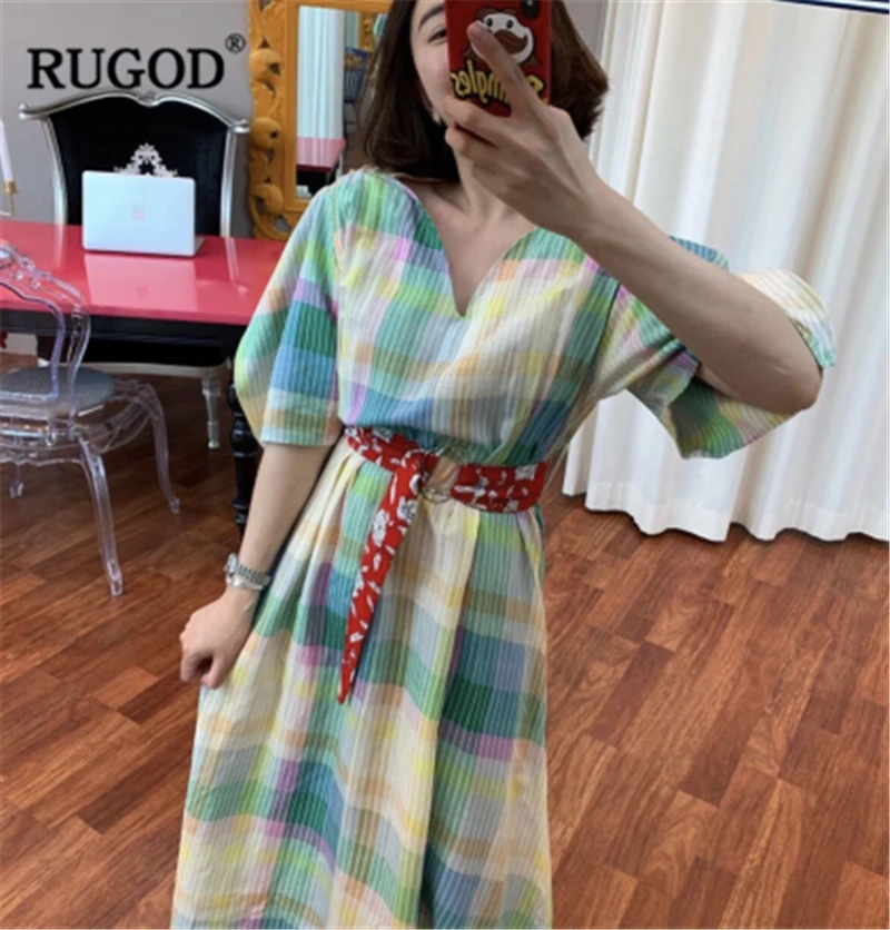 RUGOD 2020 новое поступление женское Красочное платье с V образным вырезом прямое