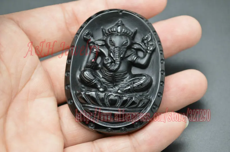 Thailand Black Obsidian Fine Carved Relief Ganesh Pendants For Sweater Chain Necklace Making Materials 5pc/lot | Украшения и