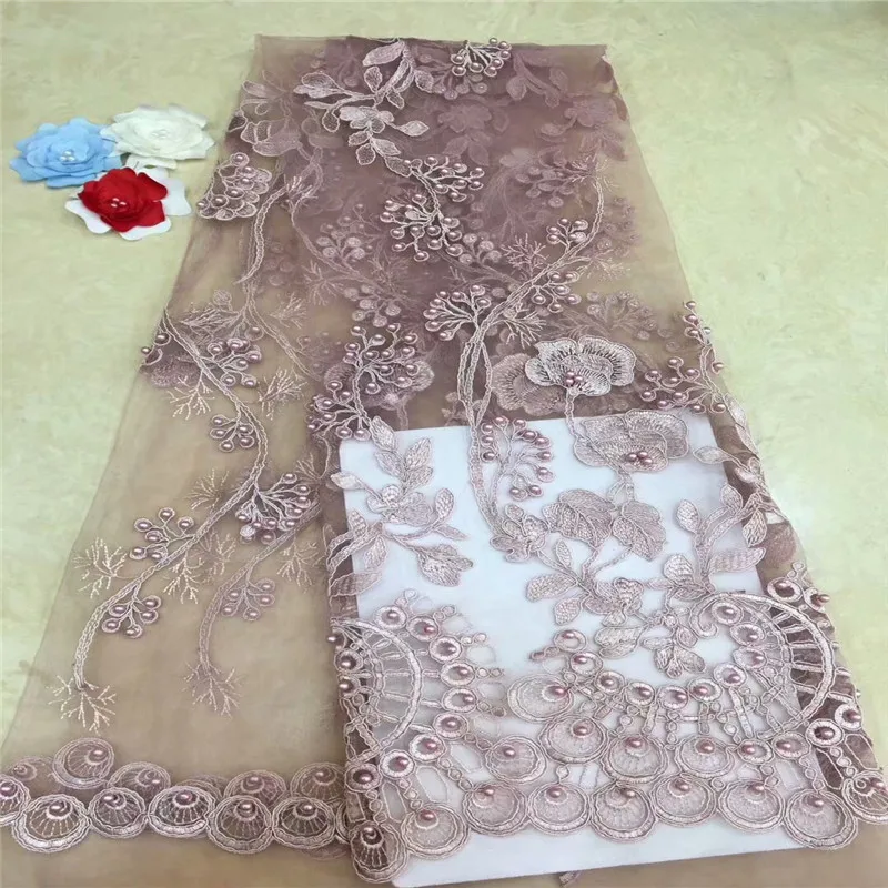 

African Lace Fabric 2019 Embroidered Nigerian Laces Fabric Bridal High Quality 5 Yards Beaded French Tulle Lace Fabric For Women
