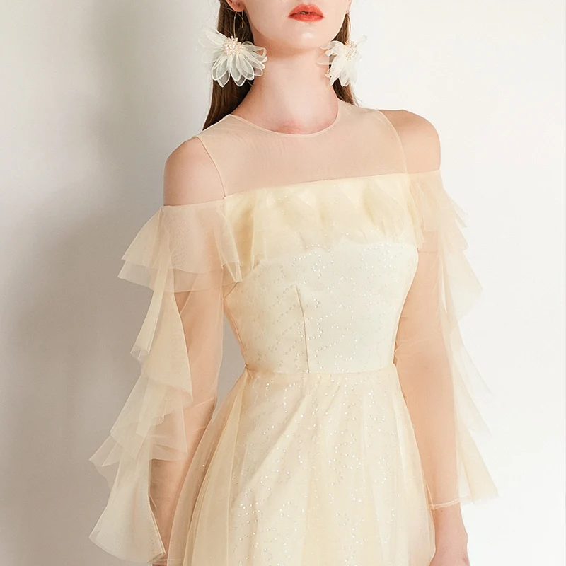 He's Bride Dream Champagne Lace Cocktail Party Dress Simple Zipper Back Tea-Length Long Sleeves for Women Robe De Soiree | Свадьбы и