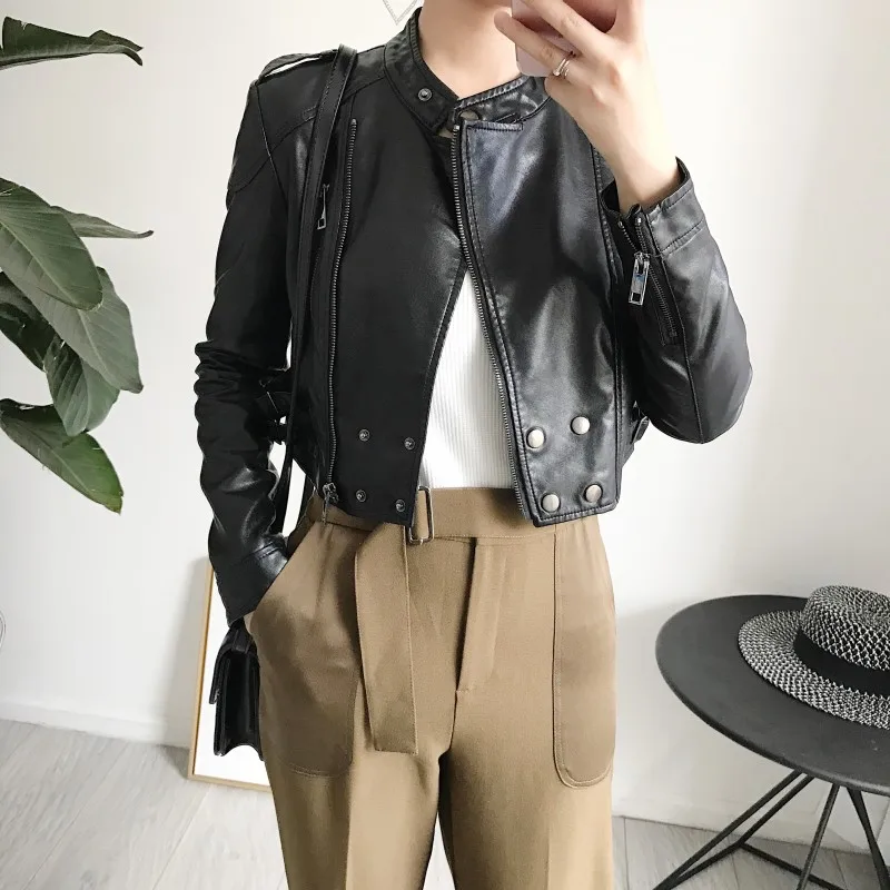 

Ftlzz Spring Pu Leather Jacket Women Vintage Slim Short Black Motorcycle Jackets Washed Zipper Autumn Punk Coat