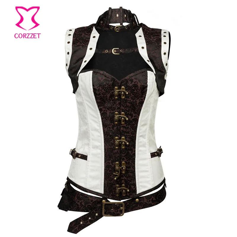 Corzzet White Brocade Steampunk Leather Armor Overbust Corset And Jacket Waist slimming Steel Boned Burlesque Gothic Corsets