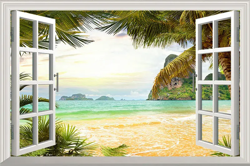 Beach Palms Wall Decal 3D Window Open View Sticker Seascape Islands Mural Sun Shine Vinyl Home Decor 50x75cm | Дом и сад