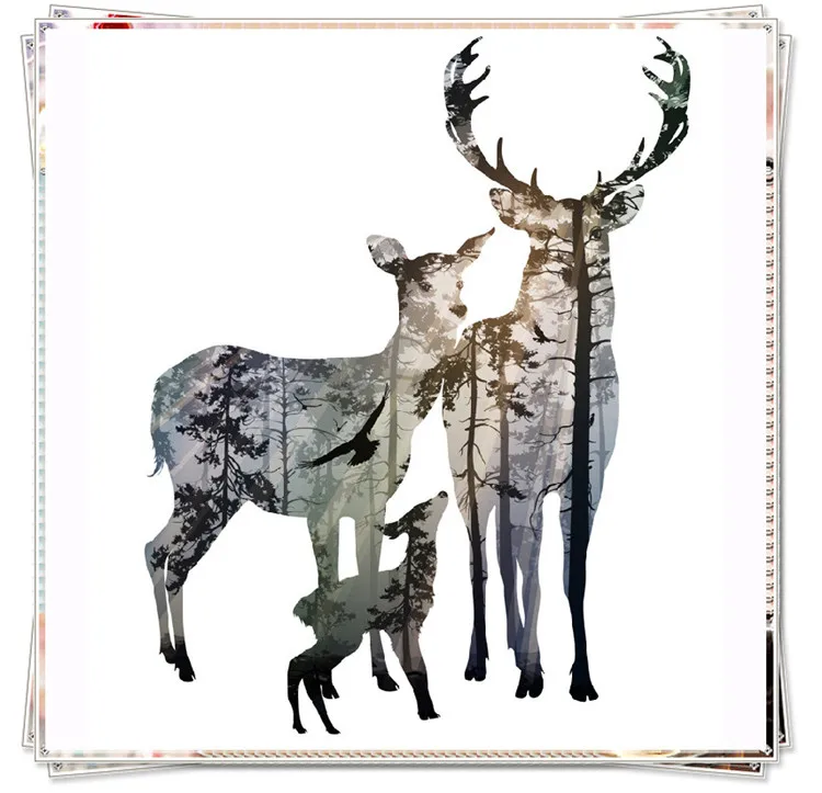 Триптих Скандинавская Картина на холсте силуэт семьи оленей с сосновой лесной