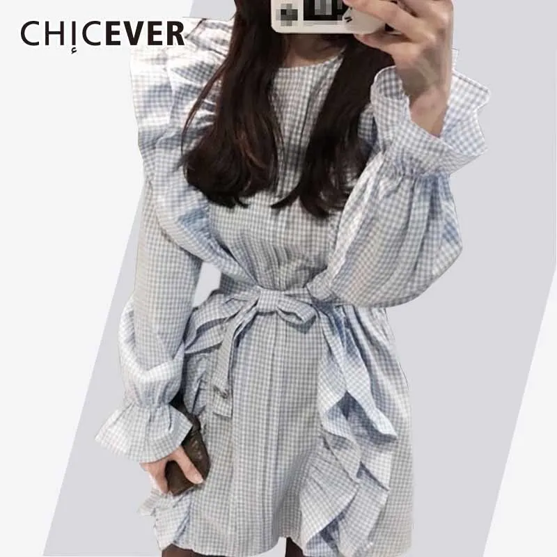 CHICEVER летняя Клетчатая Футболка с оборками для женщин топ расклешенными рукавами