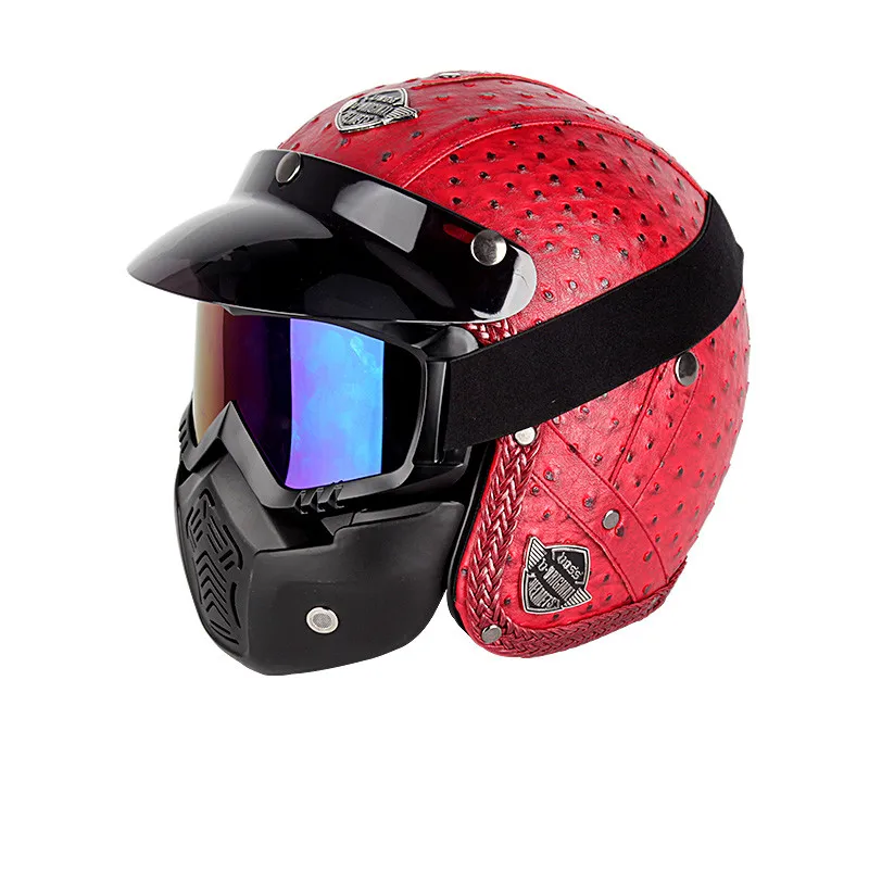 

Free shipping PU Leather 3/4 Motorcycle Chopper Bike helmet open face vintage motorcycle helmet with goggle mask