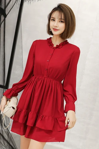 Женское шифоновое платье с оборками красное винтажное мини-платье расклешенными