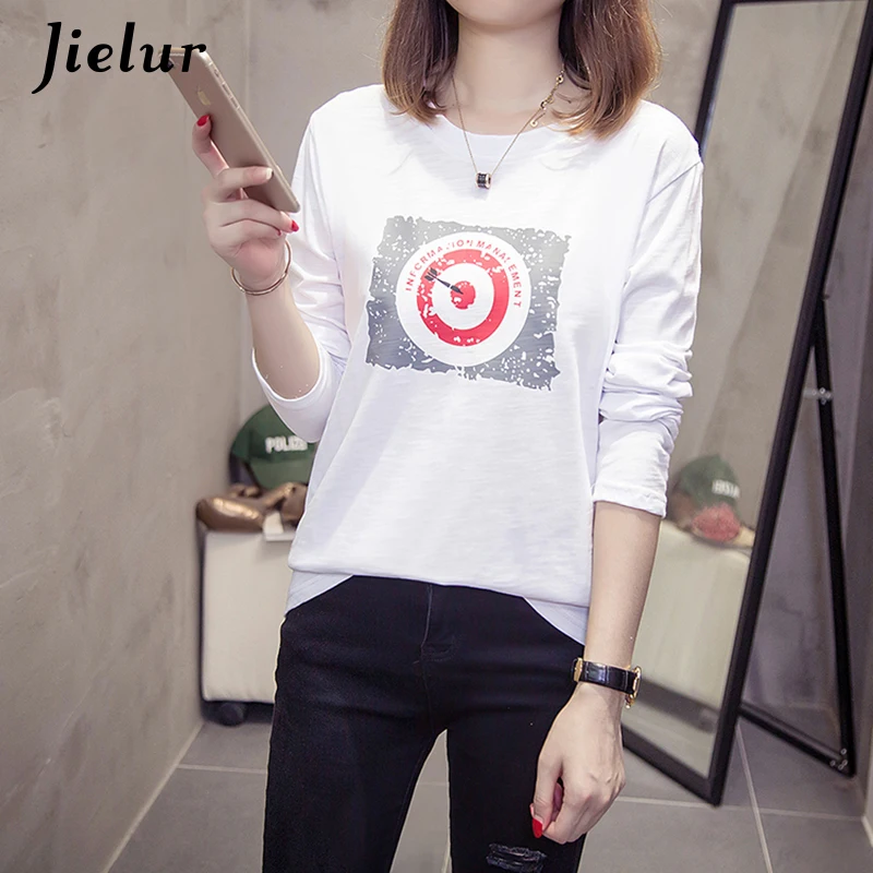 Jielur 2019 Новые Креативные женские футболки с принтом Осенняя Хлопковая женская