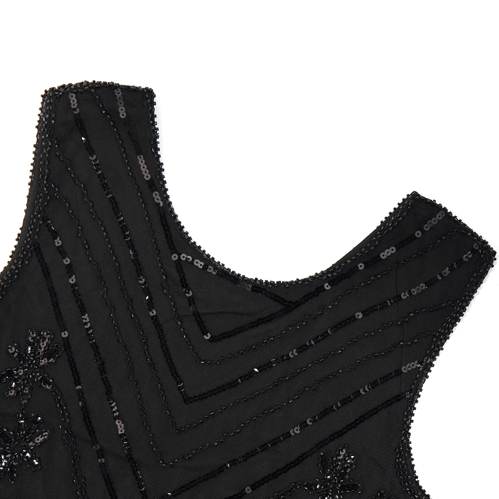 Женское черное винтажное платье Гэтсби 1920-х годов с о-образным вырезом, без рукавов, в стиле ар-нуво с пайетками, бисером и бахромой для вечеринки.