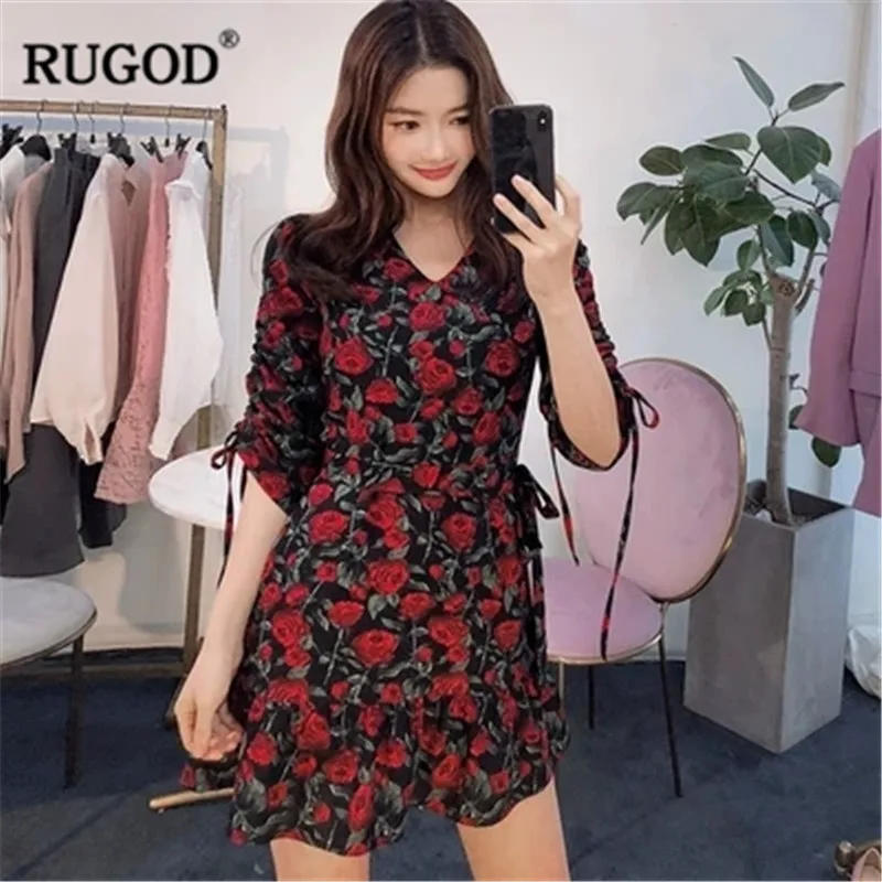 RUGOD/женское платье с цветочным принтом и v-образным вырезом мини-платье коротким