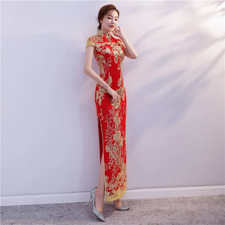 

U-SWEAR 2020 New Arrival 4 Colors Bridesmaid Dresses Floral Embroidery High Waist Lace High Slit Cheongsam Bridesmaid Dresses