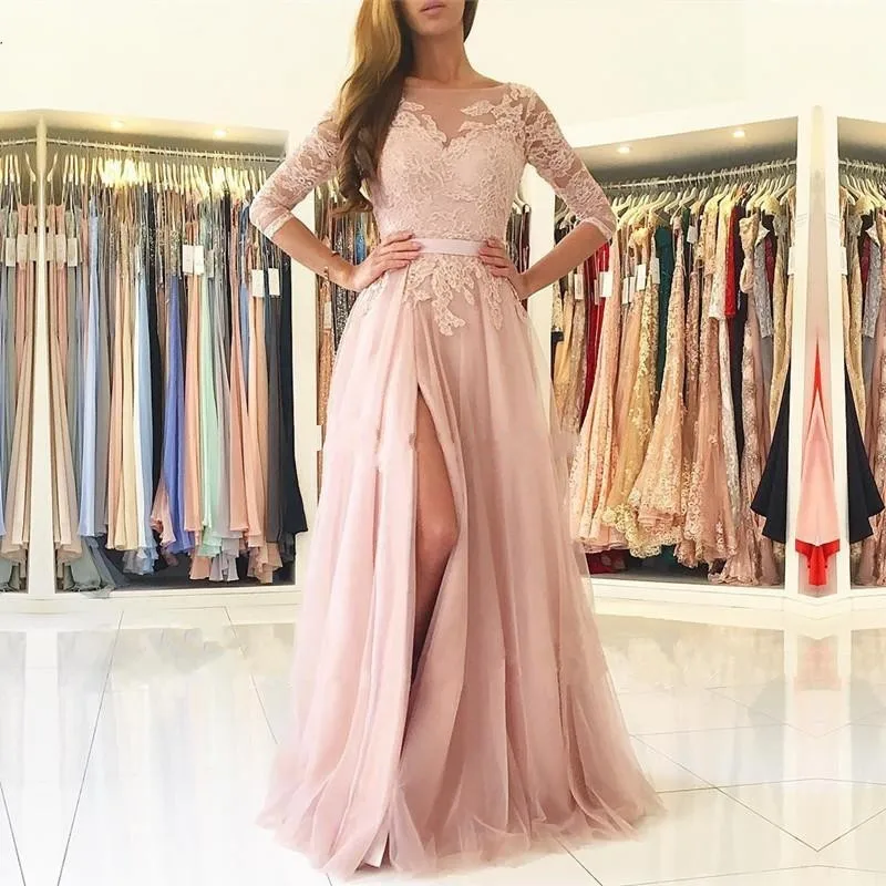 

Vestido de festa longo Sexy Slit Lace Pink Evening Dresses 3/4 Sleeves Appliqued Prom Gown Formal Party Gown Abendkleider