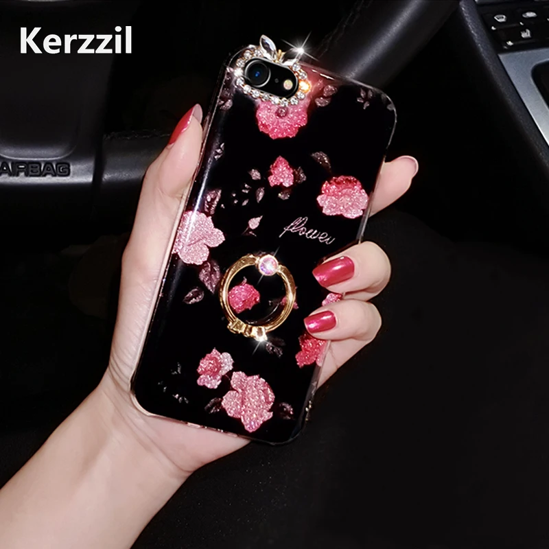 Kerzzil Vintage Rose Flowers Diamond Giltter Cover Case for iPhone 6 7 6S Stand Cases 8 Plus Hard Coque |