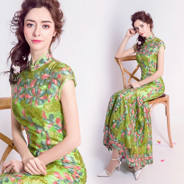 Зеленый традиционные свадебные платья Qipao Cheongsam вышитые дизайн-современный