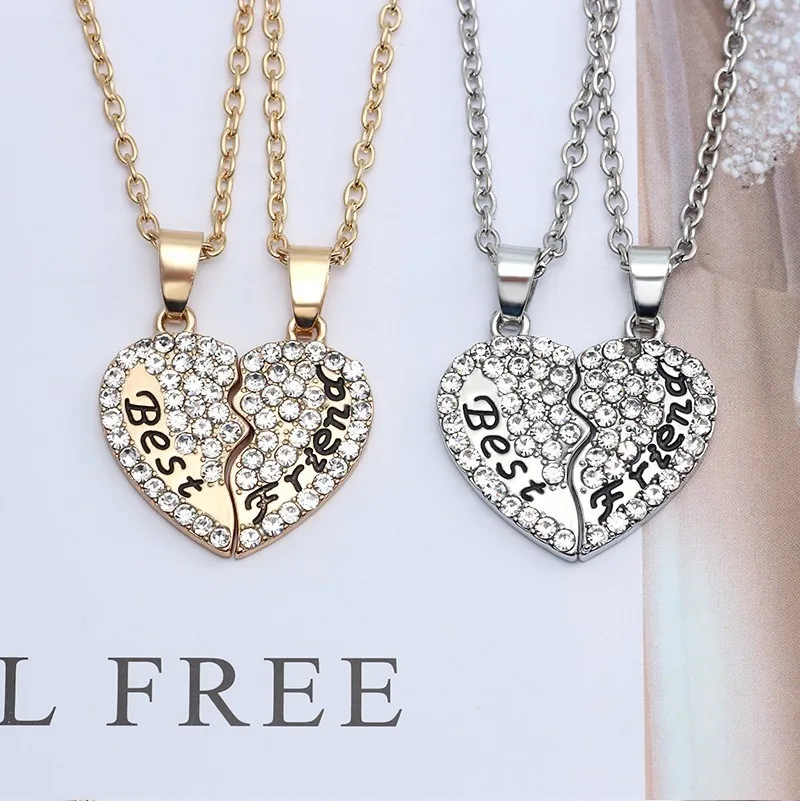 Очарование 2 шт./компл. сердце с украшениями в виде кристаллов Ожерелье Лучшие друзья для Для женщин и девочек цвета: золотистый, серебристый Bff навсегда Цепочки и ожерелья, украшения для женщин и девочек
