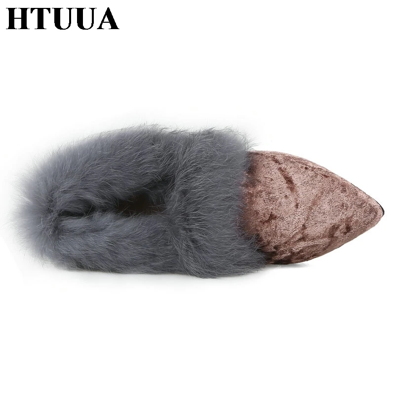 HTUUA осень-зима Для женщин бархат среднего туфли-лодочки на каблуке пушистый мех