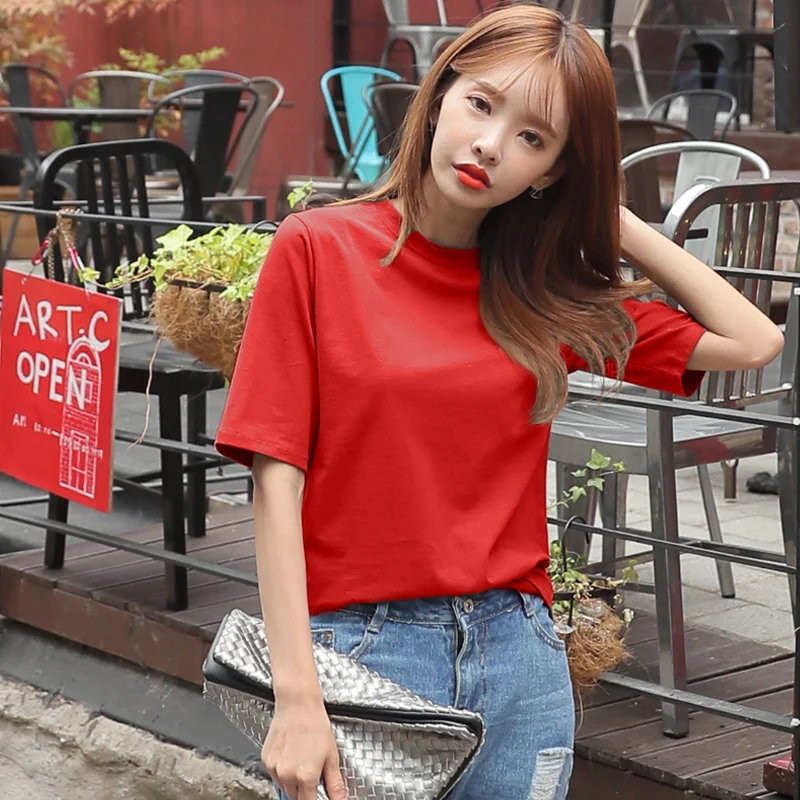 2018 spring summer girls solid t shirt short sleeve o neck women tops plus size 4XL cotton casual red shirts | Женская одежда