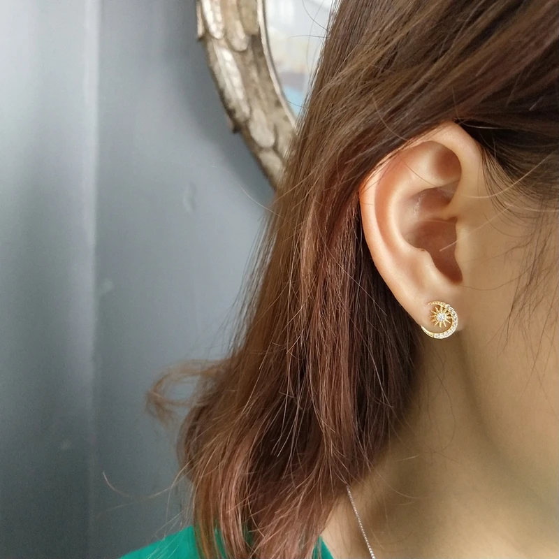 LouLeur sterling 925 silver moon star earrings Asymmetry mosaic zircon gold color stud for women jewelry 2018 | Украшения и