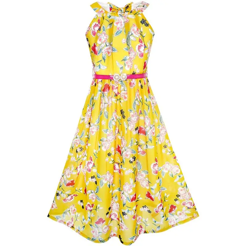 Flower Girl Dress Pink Floral Red Belt Chiffon Maxi dress 2020 Summer Princess Wedding Party Gowns Kids Clothes Size 6-14 | Детская