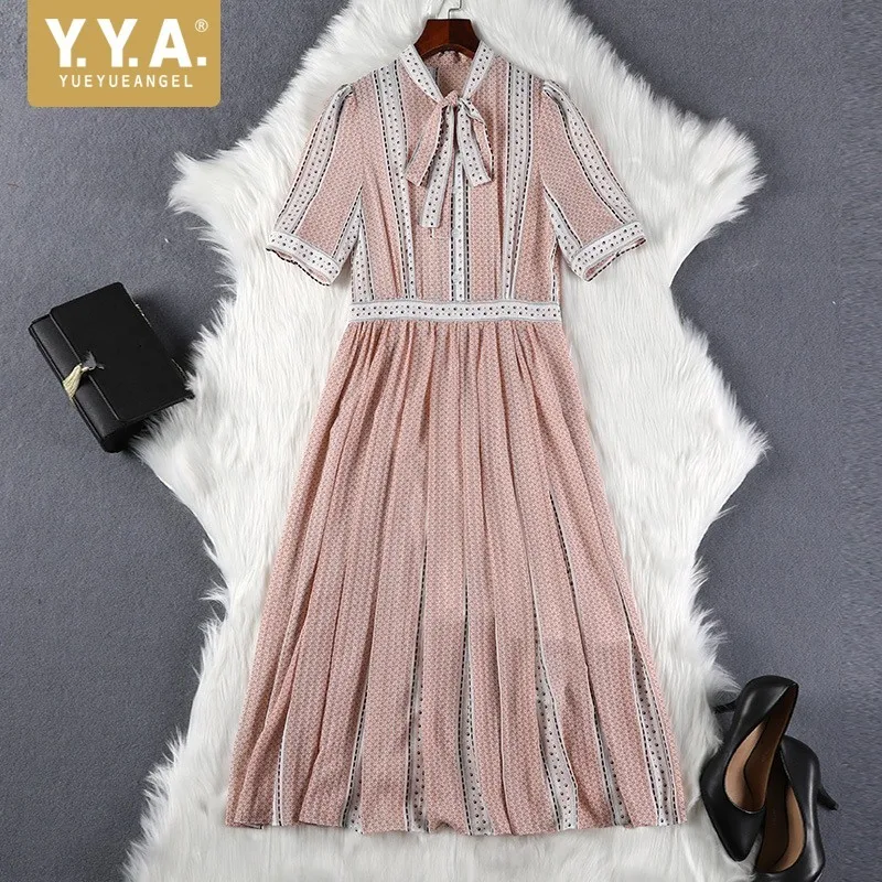 Женское шифоновое платье с бантом на воротнике летнее плиссированное до