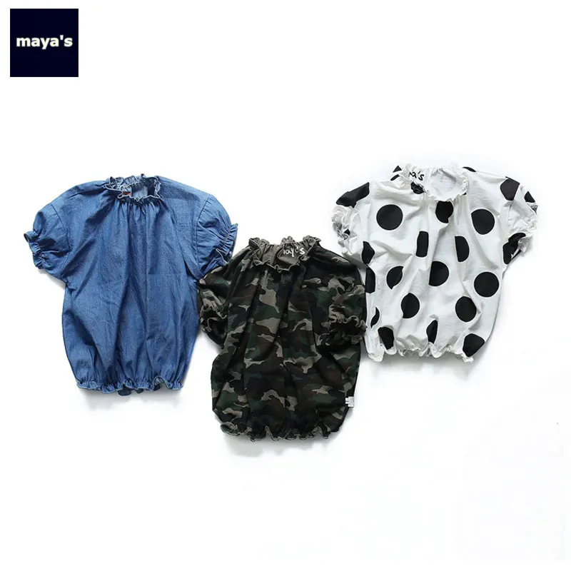 Mayas/летние детские топы с рукавами фонариками рубашки рюшами в горошек для