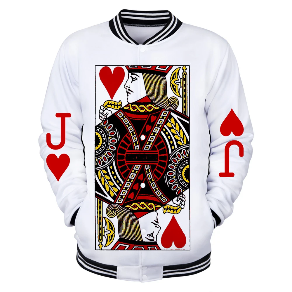 

3D J Print Poker jackets Men/women O neck Coat New Poker Game Baseball uniform Hip Hop Streetwear White Wild coat Kitds