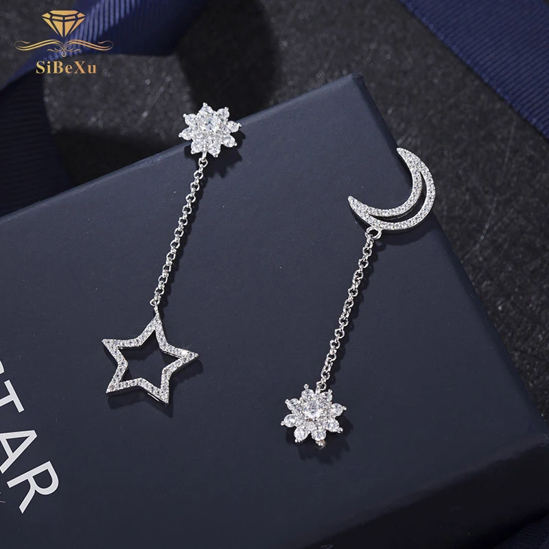 Модные висячие серьги со стразами 925 серебро с кристаллами Swarovski Звезда Луна
