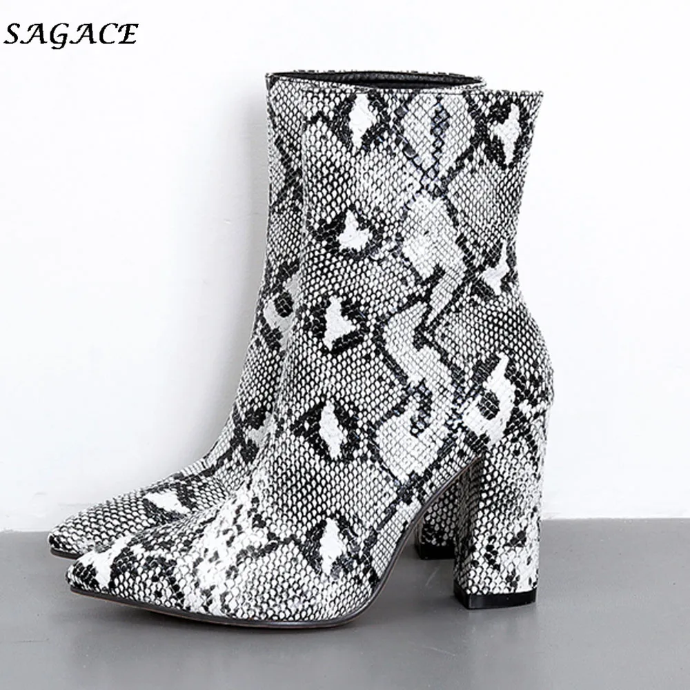 SAGACE/обувь Женские ботинки с острым носком на молнии со змеиным узором зимние