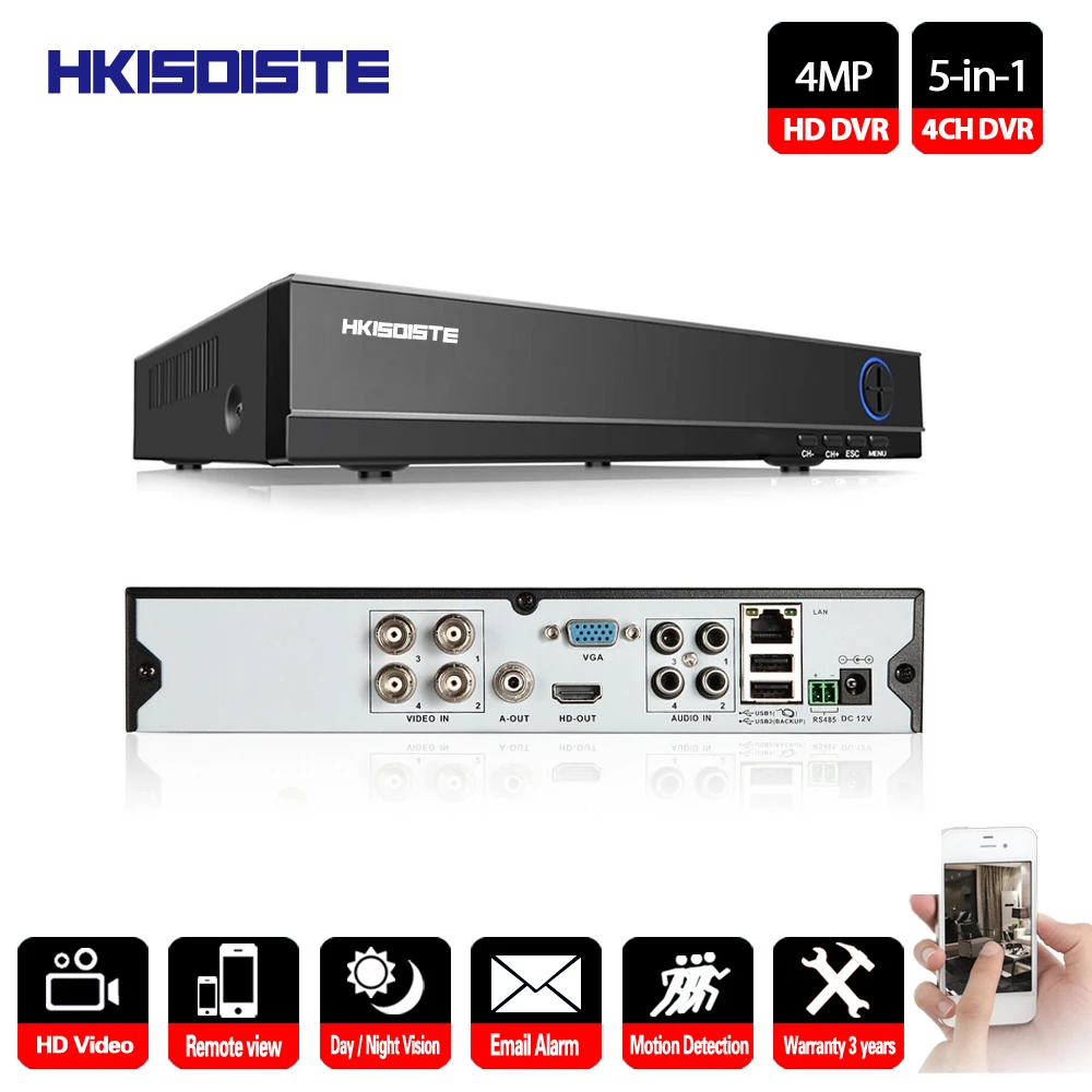 HKIXDISTE 4CH DVR NVR AHD 4.0MP Surveillance Security Video Recorder Onvif 1080P IP Camera Motion Detect 5 IN 1 P2P View | Безопасность
