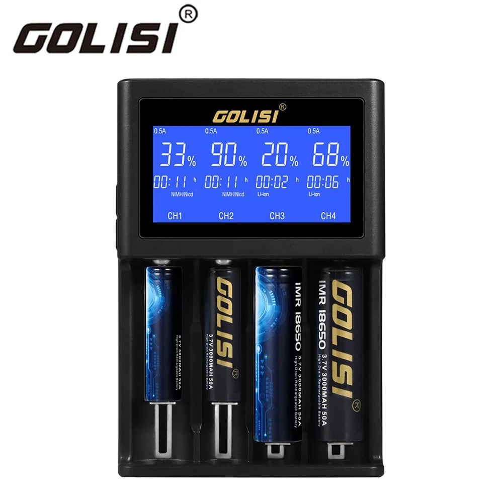 

Golisi S4 2.0A Intelligent LCD Battery Charger for Li-ion Ni-MH Ni-Cd Ni-md 26650 18650 20700 21700 AA AAA Rechargeable Batterie