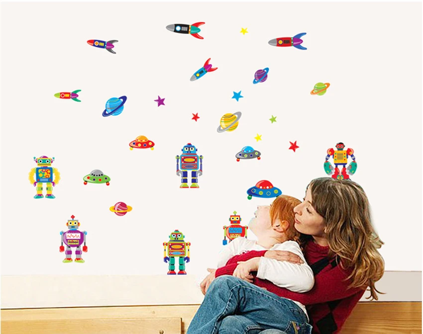 Robot Rocket Star Planet cartoon wall decals Removable stickers kids nursery baby decor children room home decoration | Дом и сад