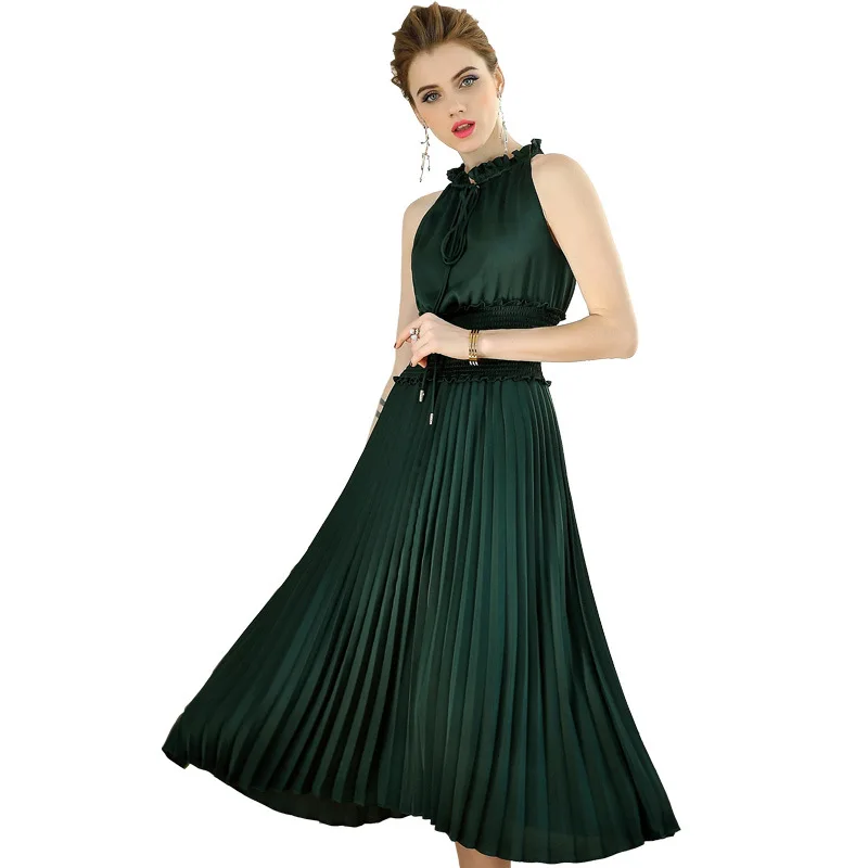 

Europe Fashion Ruffles Collar Green Pleated Women Summer Lacing Tie Sleeveless Black Korean Office Lady Dress