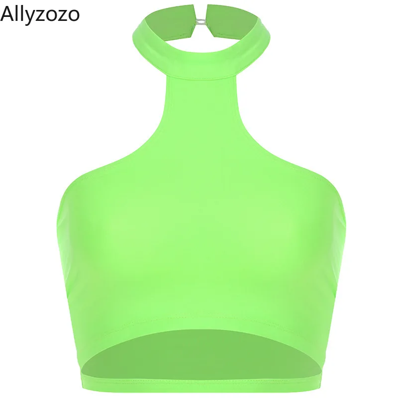 Женский укороченный топ с лямкой на шее Allyzozo неоново-зеленый облегающий