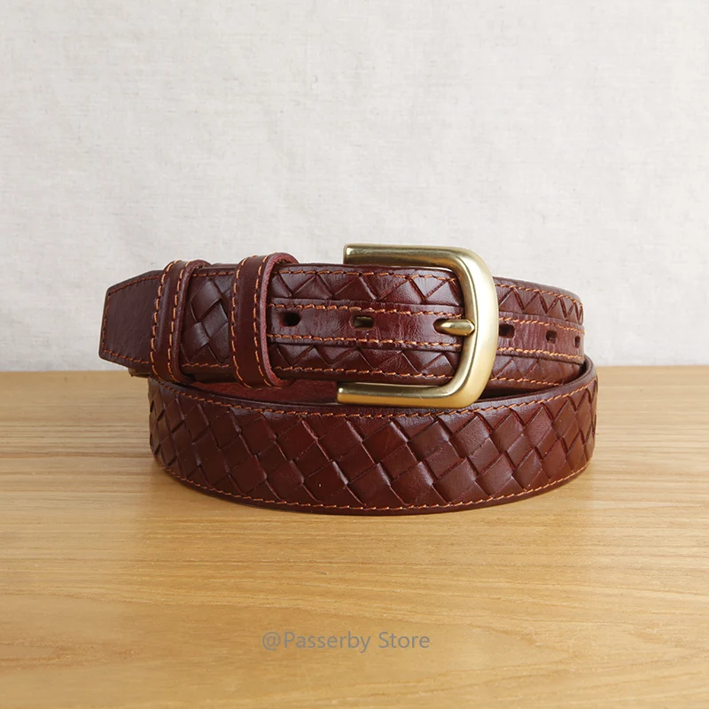 High Quality Top Layer Cow Leather Belt Handmade Men's Belt Cowskin Business Style Woven Pattern Casual Belts for Male
