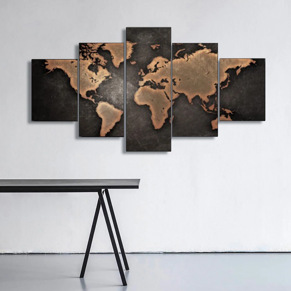 Laeacco Wall Art World Map Abstract Painting Canvas Posters and Prints 5 Pieces Pictures Living Room Office Decoration Home Deco | Дом и сад