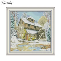 joy sunday waterwheel cabin embroidery kit stamped cross stitch kits aida cloth needlework 14ct 11ct crossstitch thread needles