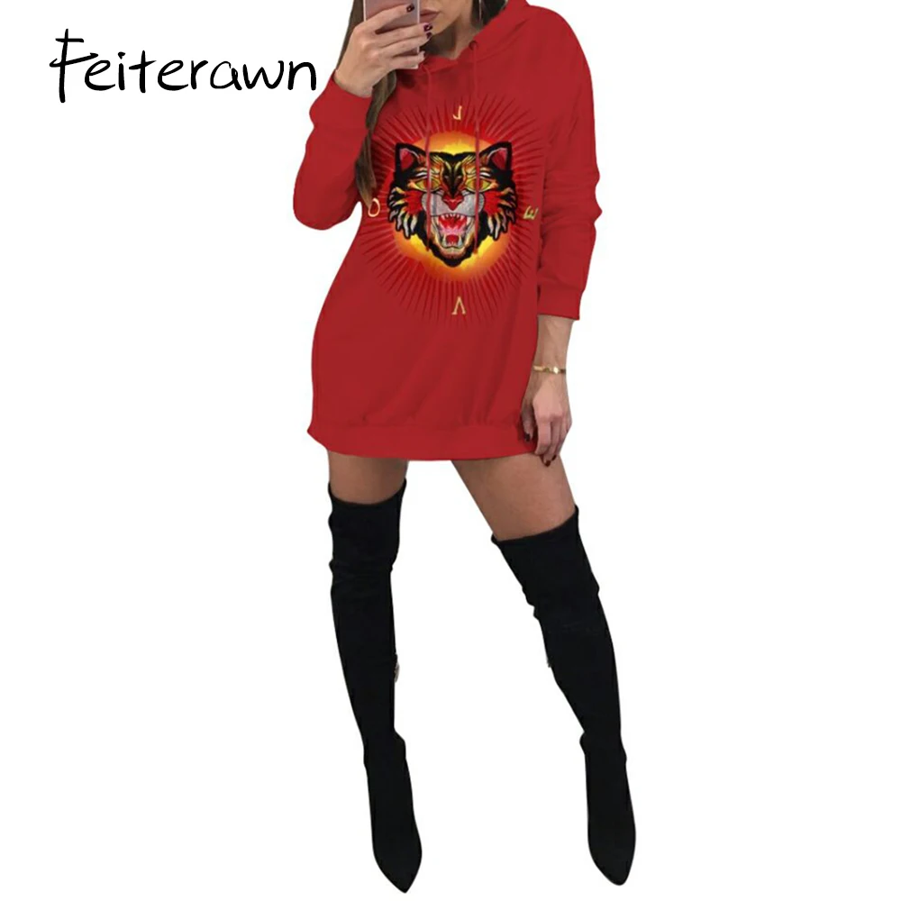 Feiterawn Для женщин с капюшоном Толстовка голова тигра печати длинным рукавом
