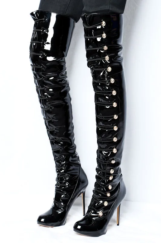 

Fashion runway black thigh high boots sexy pointed toe high heels women autumn winter shoes button studded over the knee booties