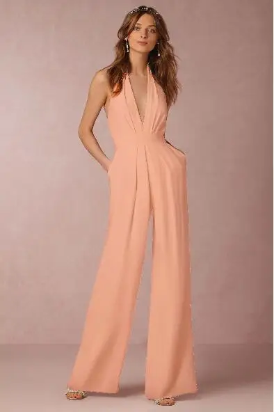2019 New Casual Wedding Jumpsuit Sexy Sleeveless Halter Elegant Jumpsuit Ladies Coverall Deep V Sexy Halter Jumpsuit