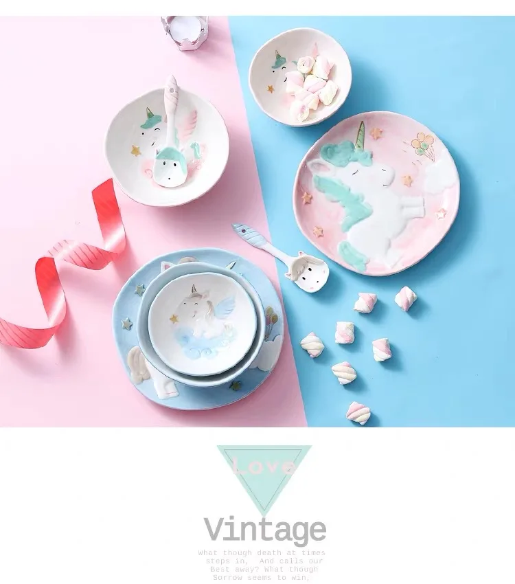Единорог мультфильм детская тарелка ложка набор керамических столовых приборов