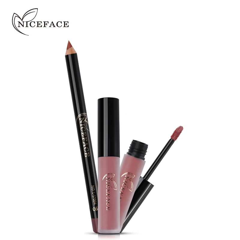 Матовая жидкая губная помада NICEFACE 2 шт. карандаш для губ + бархатный набор макияжа
