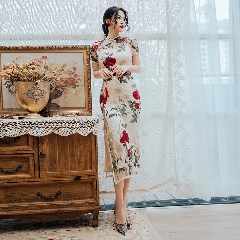 Новинка 2019 модные женские платья винтажное платье Ципао с вышивкой в виде