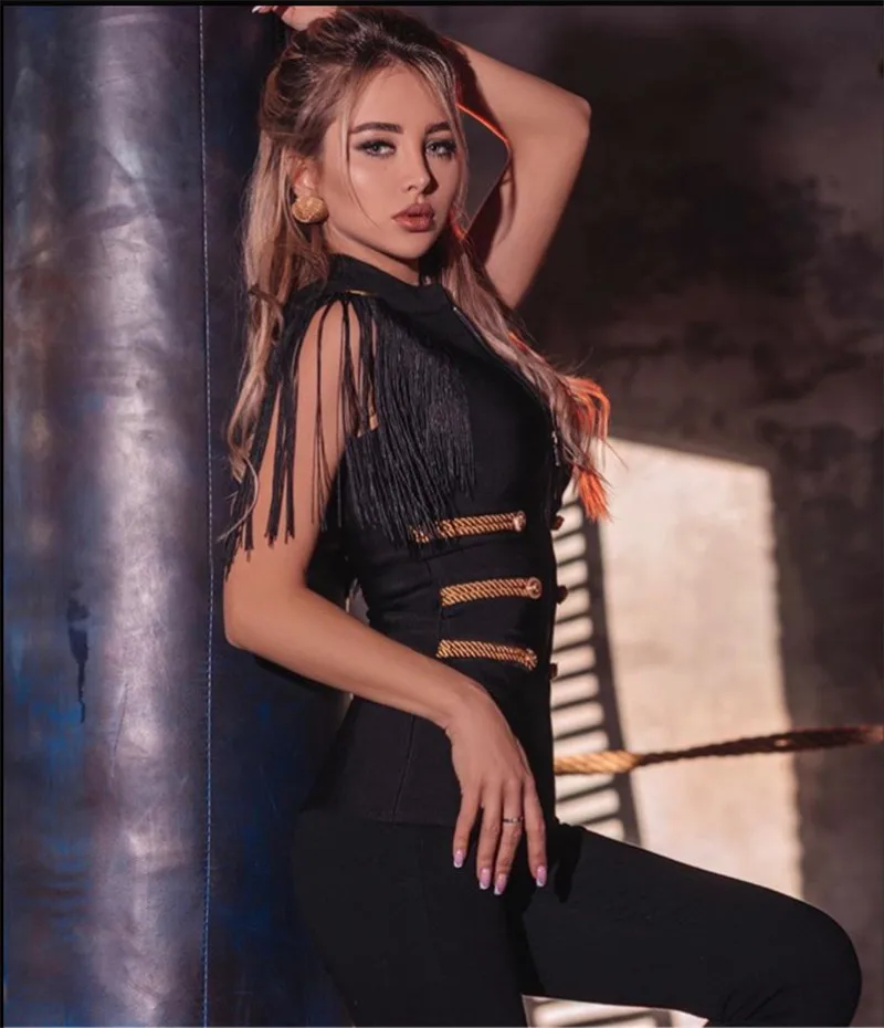 High Quality Sleeveless Tassel Button Fashion Women Bandage Coats Evening Club Party Jackets | Женская одежда